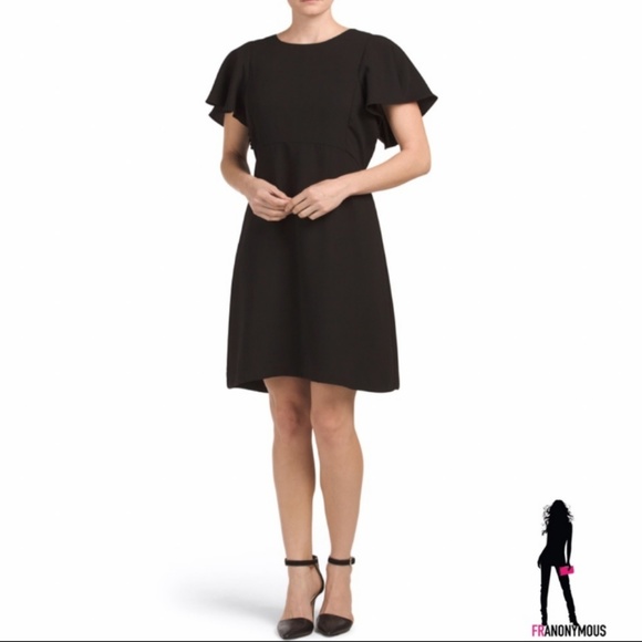 Black Crepe Flutter Sleeve Dress - Picture 1 of 4